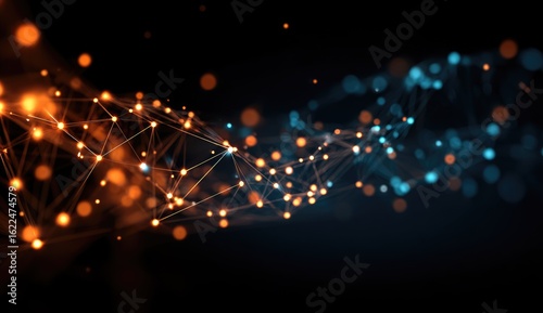 Abstract network of glowing orange and teal dots connected by lines on a dark background