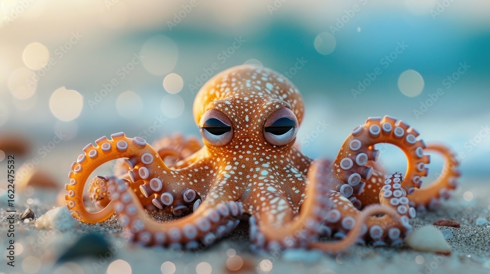 Obraz premium Charming octopus resting in the sand by the sea with bokeh background