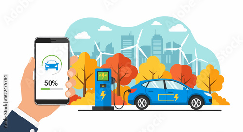flat illustration of an electric car charging at a city charging station with a hand holding a smartphone smart application showing the battery percentage. The background features autumn trees