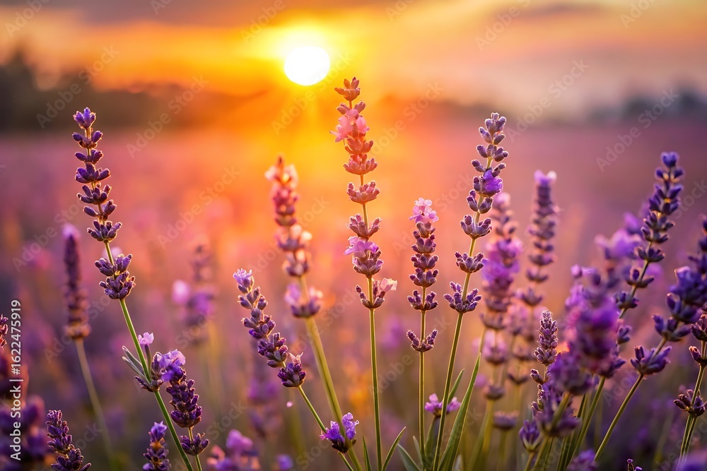 Fototapeta premium Golden sunset over a field of blooming purple lavender flowers