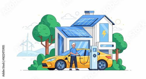 flat illustration of a man charging an electric car at a home charging station powered by solar panels on the roof, with wind turbines in the background, promoting sustainable living