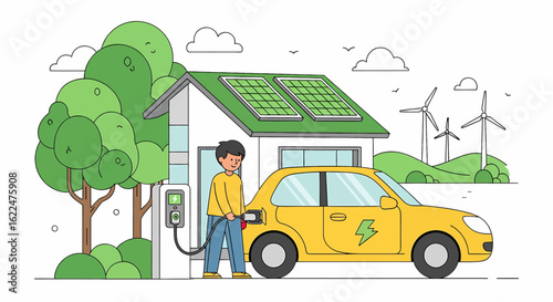 flat illustration of a man charging an electric car at a home charging station powered by solar panels on the roof, with wind turbines in the background, promoting sustainable living