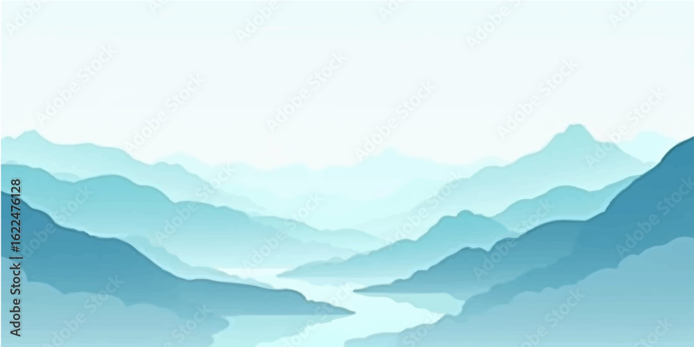 Obraz premium Misty mountain landscape with clouds and hills under a blue sky at sunrise