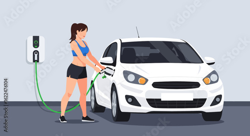 flat illustration of a woman charging a red electric car at a home garage charging station with a clean, modern design. Ideal for themes of renewable energy, technology, and electric vehicles