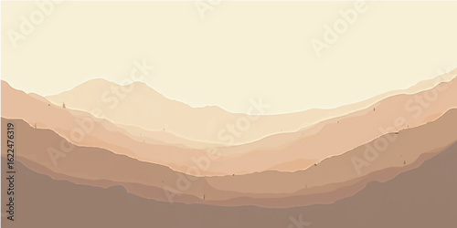 Morning mountain landscape with misty hills and sunrise view over distant peaks