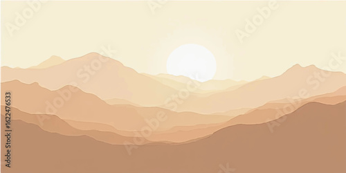 Mountainous landscape with the setting sun, casting an orange glow across the sky and peaks
