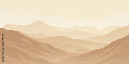 Sunrise over a misty mountain valley, with the golden light of the sun illuminating the clouds and silhouette of the hills