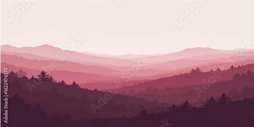 Morning sunrays illuminate a misty mountain range, casting a golden glow over the tranquil landscape