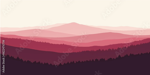 A stunning mountain landscape with morning fog and misty clouds at sunrise