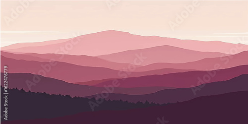 Misty mountain landscape with a fiery sunrise on the horizon