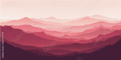 Morning mountain landscape with sunrise over misty hills and forest view