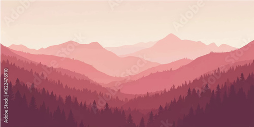Sunrise illuminates the misty mountain landscape, with peaks piercing a vibrant sky of blue and gold