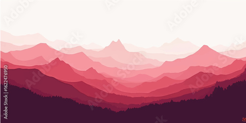 Morning mountain landscape with misty hills, forest, and distant peaks under a soft sky
