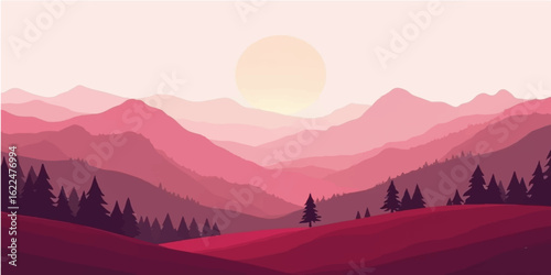 Mountain landscape with sunrise and sunset over misty hills and scenic nature view
