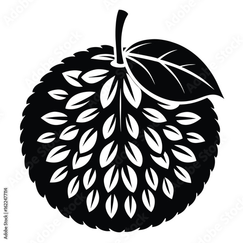 Black and White Silhouette of a Lychee Fruit with Stem and Leaf Detail