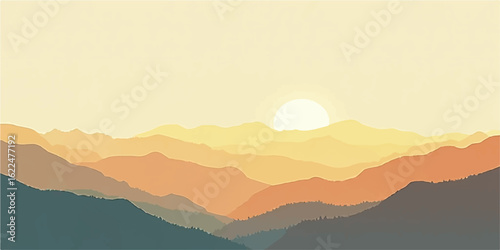 Golden sunrise over misty mountains with hills, forest, and valley view