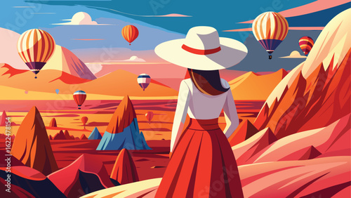 Woman in hat gazes at hot air balloons over colorful mountains