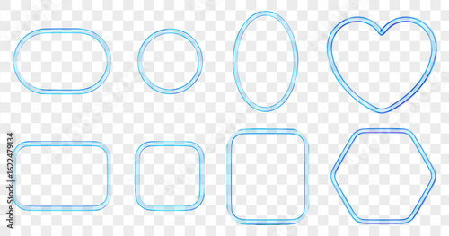 3d blue glass transparent frames set of geometric shapes: circle, oval, rectangle, square, heart, hexagon. Stock vector illustration on isolated background.	
