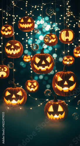 Glowing jack o lanterns suspended with lights for halloween night scene