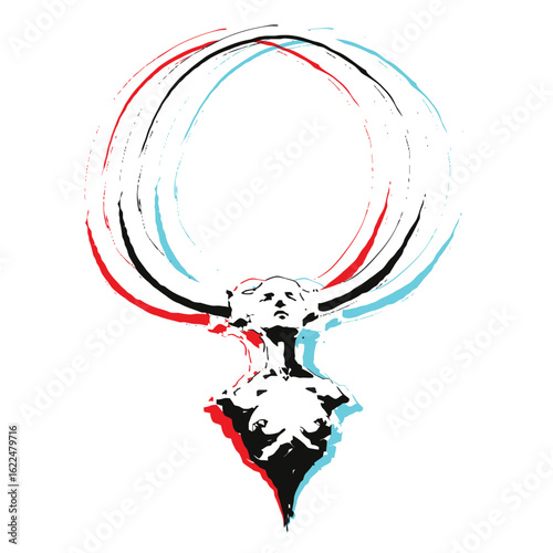 Abstract vector illustration of a surreal figure with large circular horns, in expressive red, black, and blue anaglyph style.
