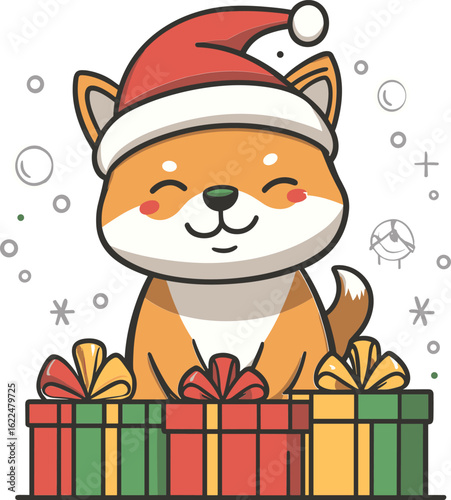 Cute Shiba Inu puppy celebrates Christmas with gifts and Santa hat