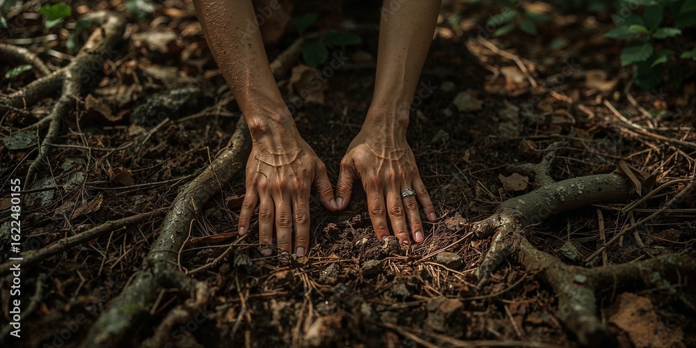 Fototapeta premium Hands resting on forest floor with visible tree roots