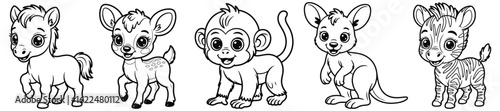 Baby Hooved and Exotic Animal Coloring Pages. Donkey, Deer, Monkey, Kangaroo, Zebra, 