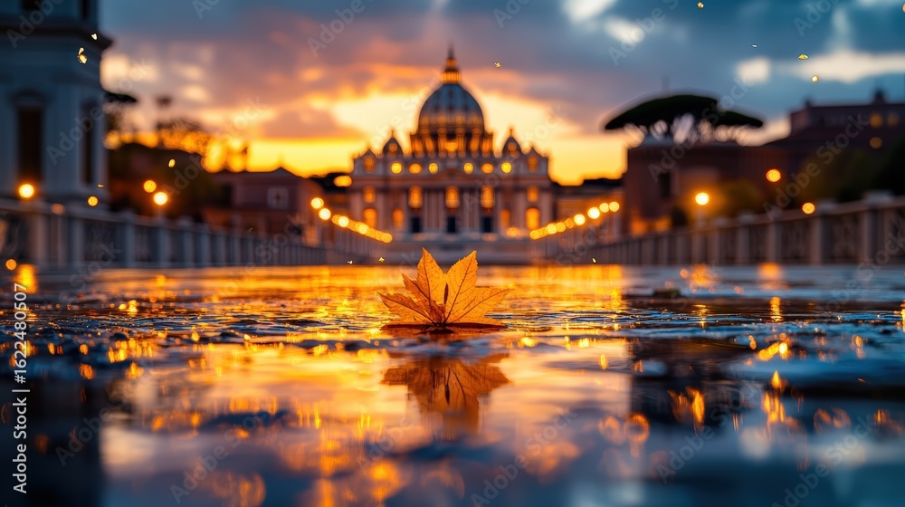 Fototapeta premium Stunning sunset over historic city with grand domed architecture reflecting on water surface with floating leaf