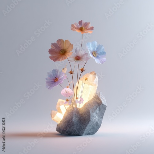 Crystal rock, illuminated by soft light,  with pastel flowers