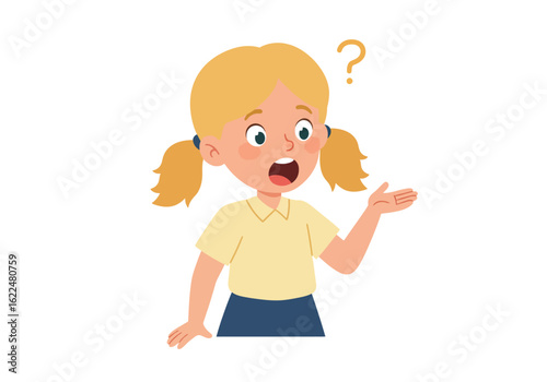 A young blonde girl with pigtails looks surprised and confused, with a question mark above her head, gesturing with her hand.