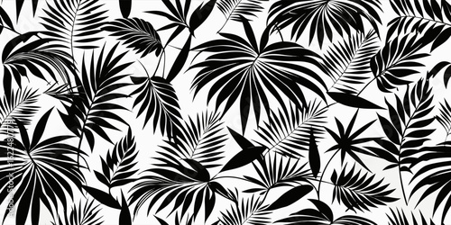 Black abstract floral palm leaves seamless pattern. leaf pattern background.leaf, graphic, hawaiian, print, jungle, wallpaper, abstract, art, illustration, palm, tropical, black, design, floral, 