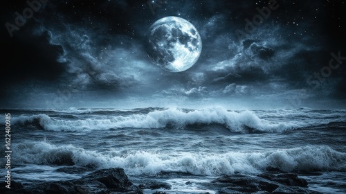 Stormy night seascape with full moon