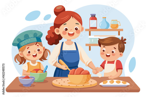 This wholesome cooking scene represents family bonding, learning, and home traditions. Ideal for educational content, parenting blogs, recipe books, and family-themed advertisements.
