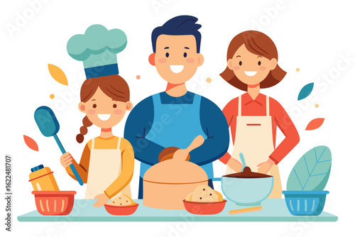 This wholesome cooking scene represents family bonding, learning, and home traditions. Ideal for educational content, parenting blogs, recipe books, and family-themed advertisements.

