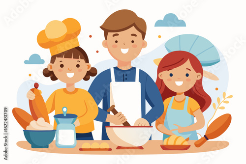 This wholesome cooking scene represents family bonding, learning, and home traditions. Ideal for educational content, parenting blogs, recipe books, and family-themed advertisements.

