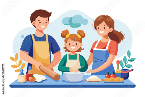 This wholesome cooking scene represents family bonding, learning, and home traditions. Ideal for educational content, parenting blogs, recipe books, and family-themed advertisements.

