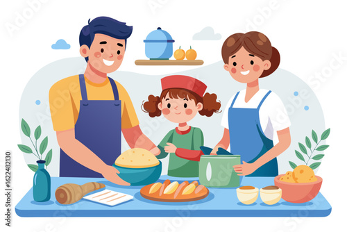 This wholesome cooking scene represents family bonding, learning, and home traditions. Ideal for educational content, parenting blogs, recipe books, and family-themed advertisements.
