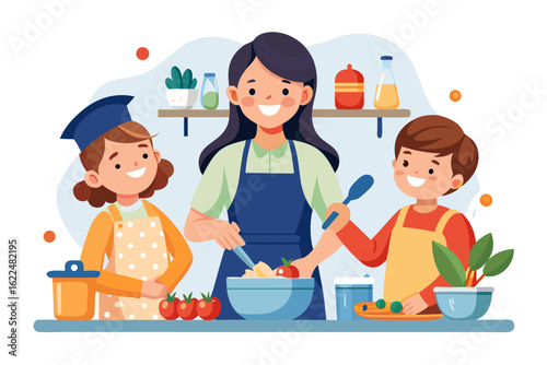 This wholesome cooking scene represents family bonding, learning, and home traditions. Ideal for educational content, parenting blogs, recipe books, and family-themed advertisements.
