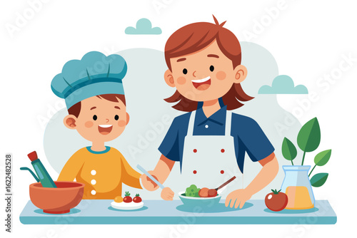 This wholesome cooking scene represents family bonding, learning, and home traditions. Ideal for educational content, parenting blogs, recipe books, and family-themed advertisements.
