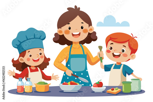 This wholesome cooking scene represents family bonding, learning, and home traditions. Ideal for educational content, parenting blogs, recipe books, and family-themed advertisements.
