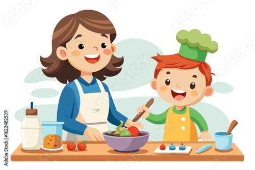 This wholesome cooking scene represents family bonding, learning, and home traditions. Ideal for educational content, parenting blogs, recipe books, and family-themed advertisements.
