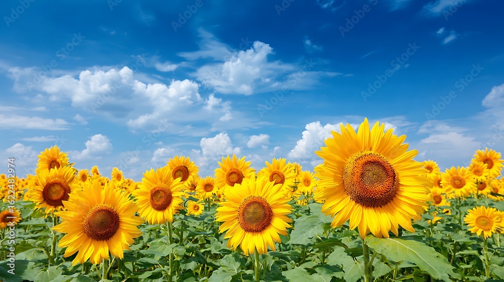 Fototapeta premium Vibrant sunflower field under a clear blue sky with fluffy white clouds, evoking summer joy