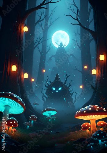A mystical forest scene at night, featuring glowing mushrooms and a shadowy figure.
