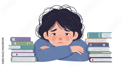 An exhausted and tearful student surrounded by tall stacks of books, symbolizing the burden of study and academic pressure.