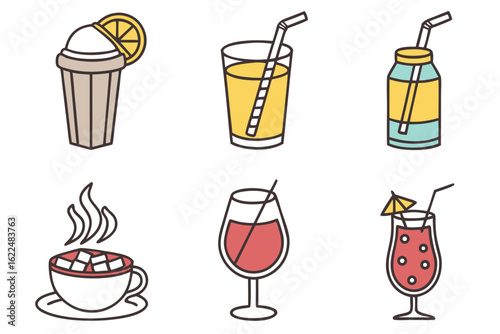 Collection of six colorful beverage icons isolated on white background