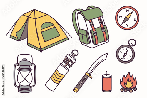 Collection of camping gear and survival items isolated on white background