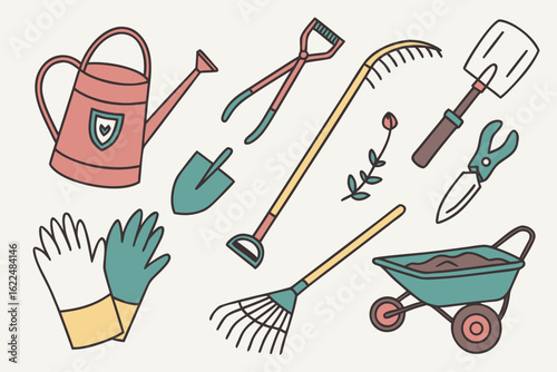 Collection of garden tools and supplies isolated on white background