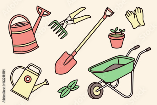 Collection of colorful gardening tools and plants isolated on white background