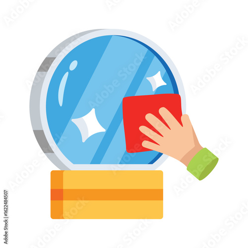 Hand cleaning a round mirror with a red cloth, ready to use vector