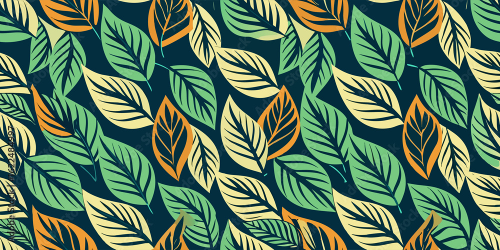 Fototapeta premium Abstract silhouettes of identical leaves seamless pattern.flora, flat design, blossom, botanical, pattern, flower, fashion, leaf, abstract, art, illustration, design, nature, vector, background,